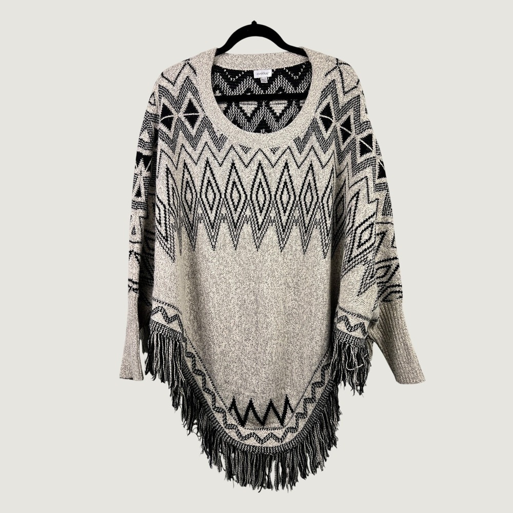 Avenue Poncho 18/20 Beige Tribal Geometric Knit Fringe Boho Southwest Wrap 77